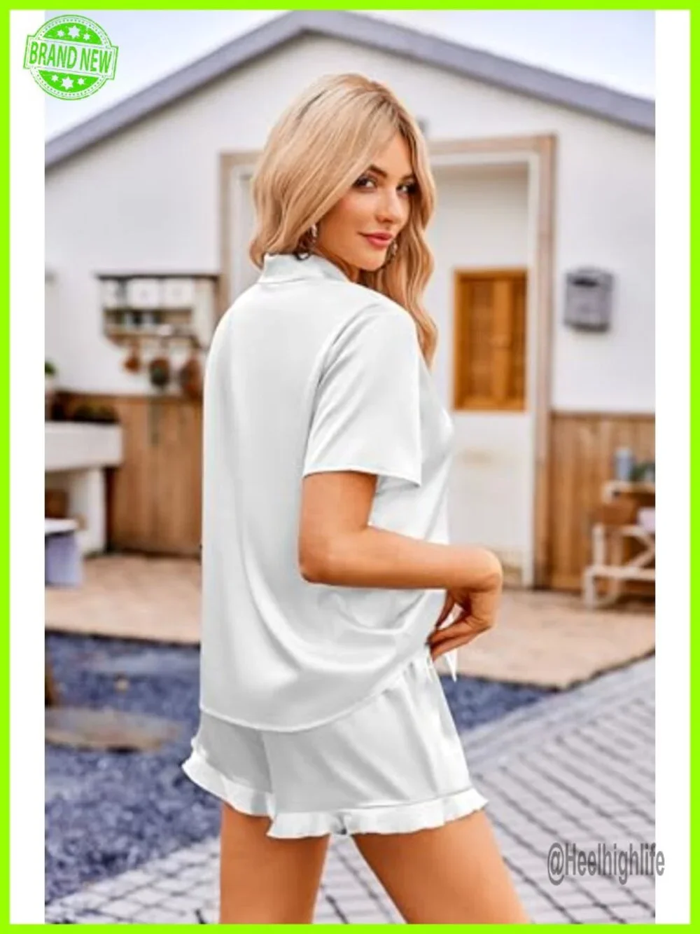 Satin Pajamas Set Button Down 2 Piece Silk Pjs Shorts Set Ruffle Notch Collar